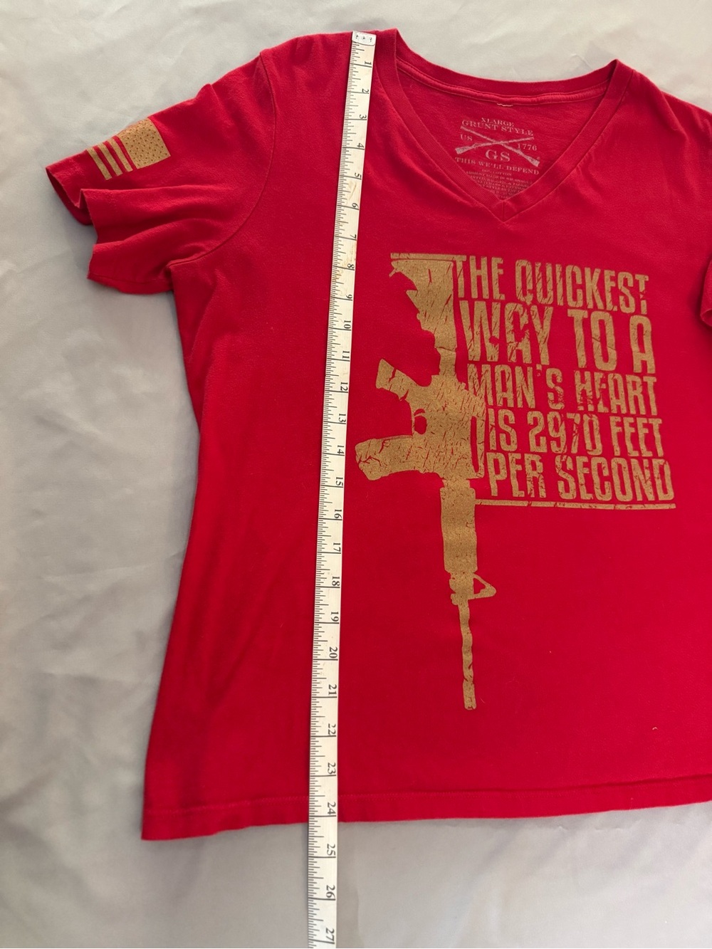 Grunt Style Red Short Sleeve Tee with Gold Rifle Graphic Women’s XL - Picture 6 of 7